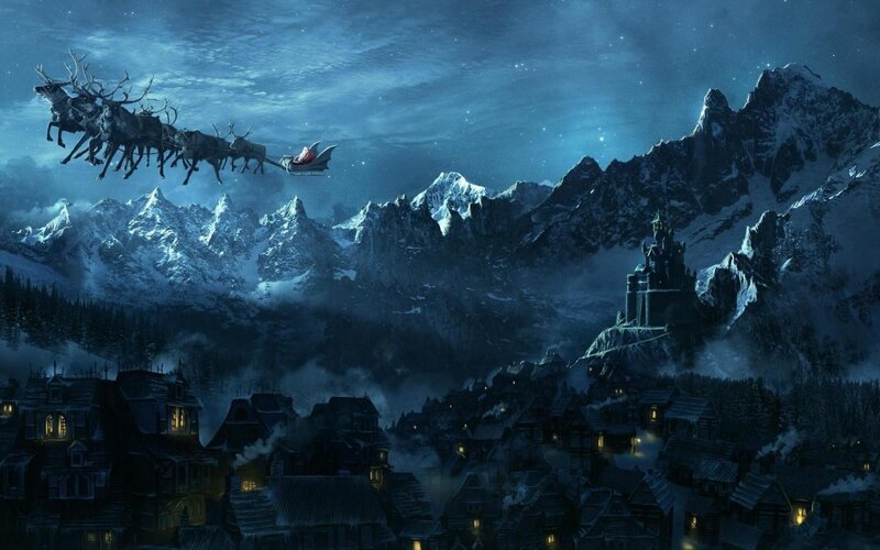 Santa Claus in Sleigh — Blue, Dramatic, Night, Digital Art