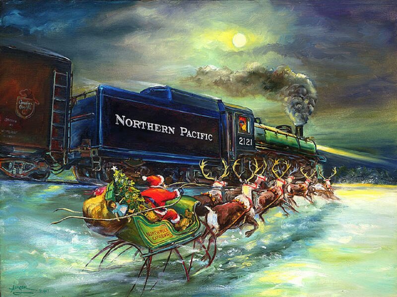 Santa Claus in Sleigh — Blue, Dramatic, Night, Painting, Reindeer
