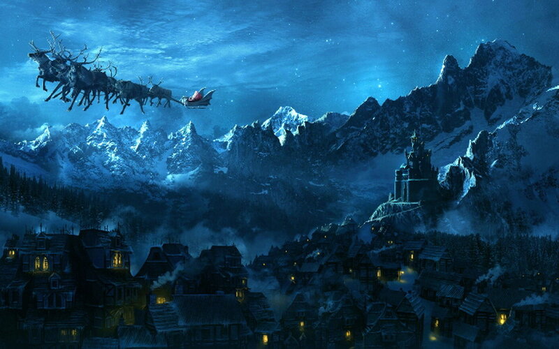 Santa Claus in Sleigh — Blue, Dramatic, Night