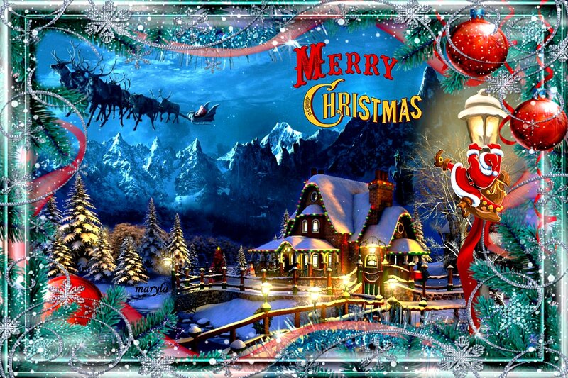 Santa Claus in Sleigh — Blue, Festive, Night, Digital Art, Reindeer, Snowy House