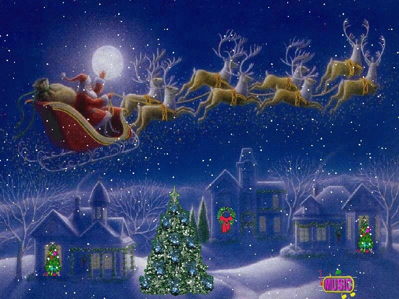 Santa Claus in Sleigh — Blue, Festive, Night, Digital Art, Reindeer, Snowy Village