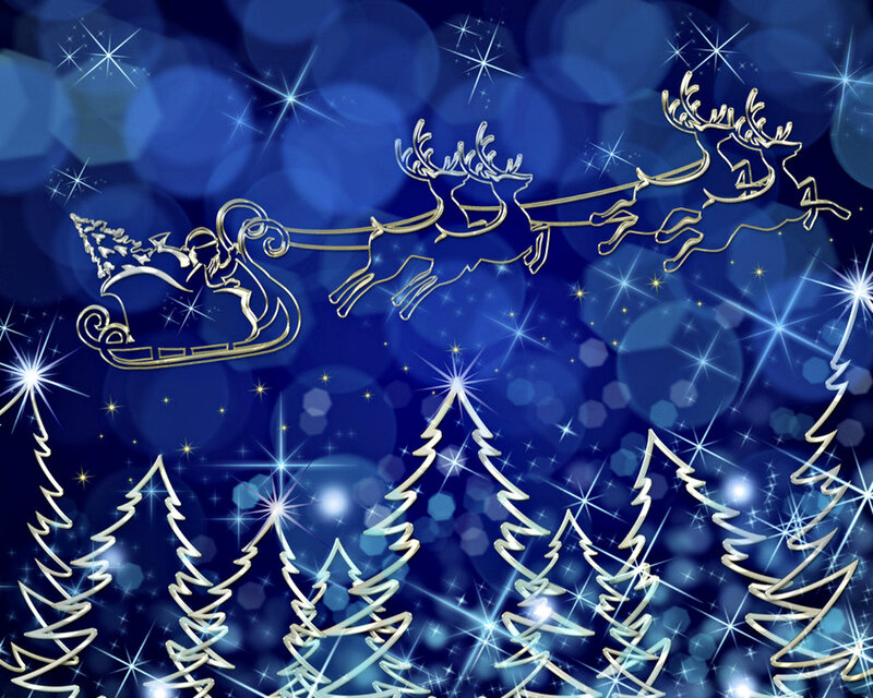 Santa Claus in Sleigh — Blue, Festive, Night, Digital Art, Reindeer, Trees