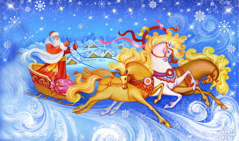Santa Claus in Sleigh — Blue, Festive, Night, Illustration, Horses