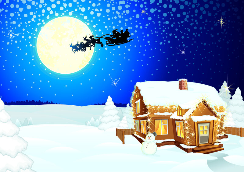 Santa Claus in Sleigh — Blue, Festive, Night, Illustration, House