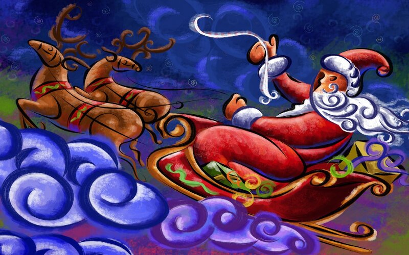 Santa Claus in Sleigh — Blue, Festive, Night, Illustration, Reindeer, Clouds
