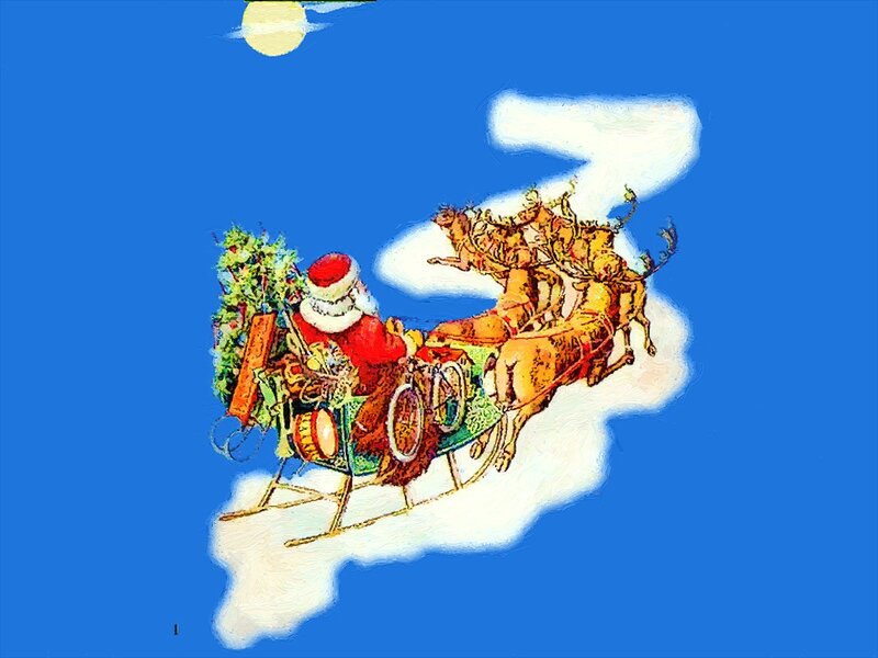 Santa Claus in Sleigh — Blue, Festive, Night, Illustration, Reindeer, Moon, Cloud