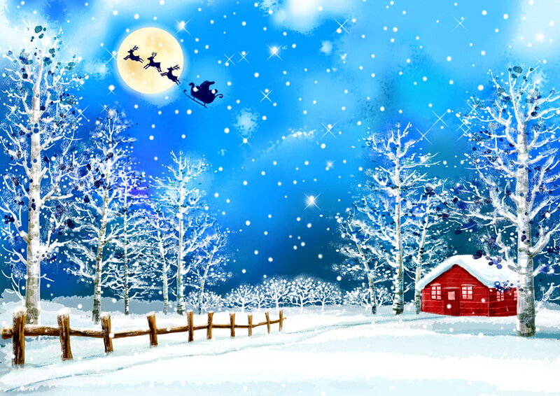 Santa Claus in Sleigh — Blue, Festive, Night, Illustration, Reindeer, Moon, Snow