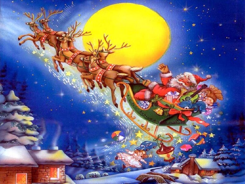 Santa Claus in Sleigh — Blue, Festive, Night, Illustration, Reindeer, Moon, Snowy Village, Stars