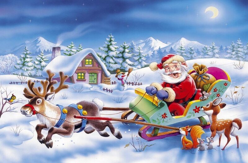 Santa Claus in Sleigh — Blue, Festive, Night, Illustration, Reindeer, Snowman, Fox