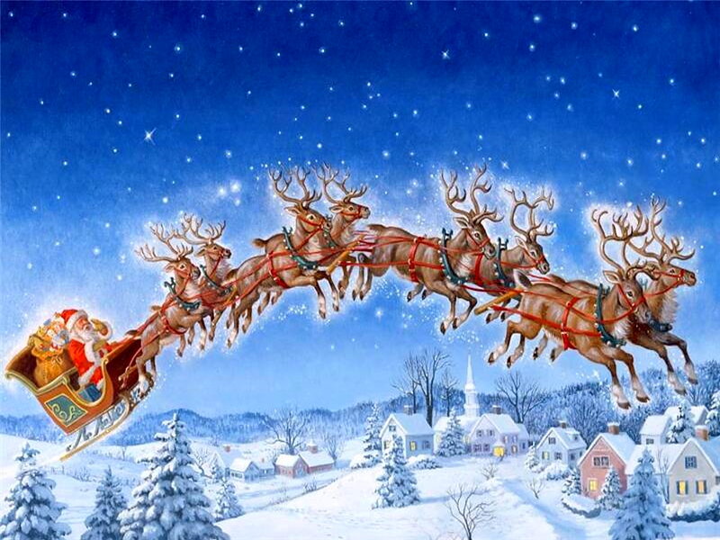 Santa Claus in Sleigh — Blue, Festive, Night, Illustration, Reindeer, Snowy Village, Stars