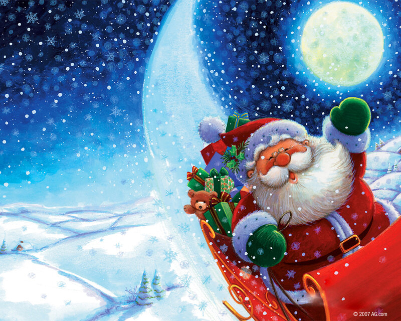 Santa Claus in Sleigh — Blue, Festive, Night, Illustration, Snow, Moon