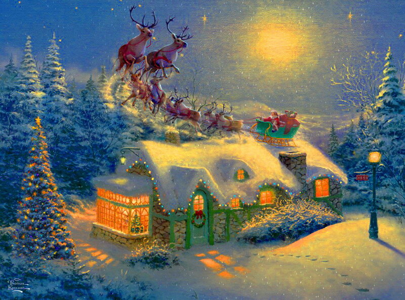 Santa Claus in Sleigh — Blue, Festive, Night, Painting, Reindeer, Snowy House
