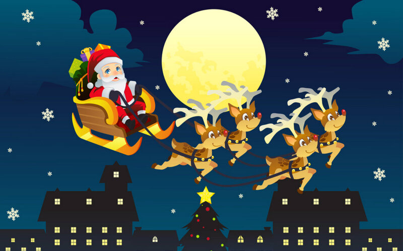 Santa Claus in Sleigh — Blue, Festive, Night, Vector Art, Reindeer, Moon, Snowflakes