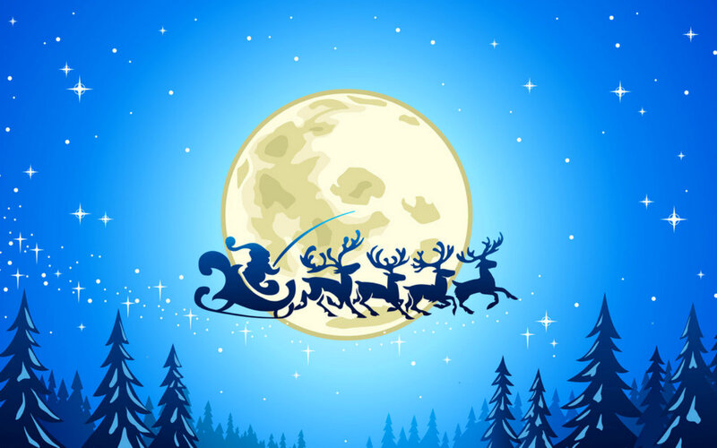 Santa Claus in Sleigh — Blue, Festive, Night, Vector Art, Reindeer, Moon, Stars