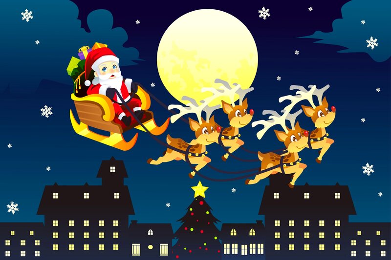 Santa Claus in Sleigh — Blue, Festive, Night, Vector Art, Reindeer, Moon