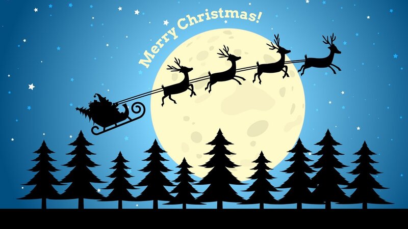 Santa Claus in Sleigh — Blue, Festive, Night, Vector Art, Reindeer, Moon, Trees, Stars