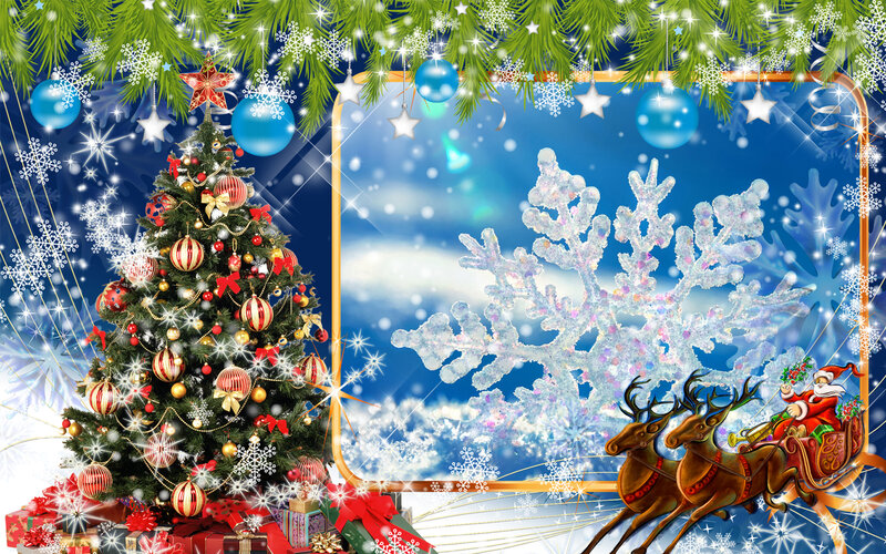 Santa Claus in Sleigh — Blue, Festive, Winter, Digital Art, Christmas Tree