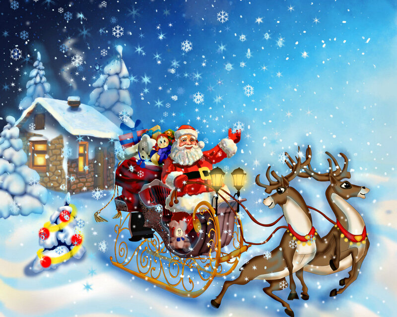 Santa Claus in Sleigh — Blue, Festive, Winter, Digital Art, Reindeer, Snowflakes