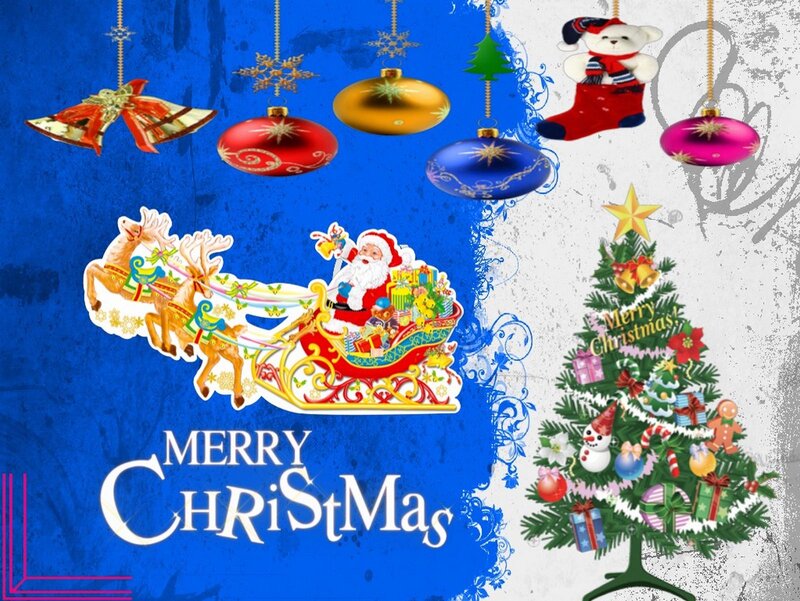 Santa Claus in Sleigh — Blue, Festive, Winter, Illustration, Christmas Tree