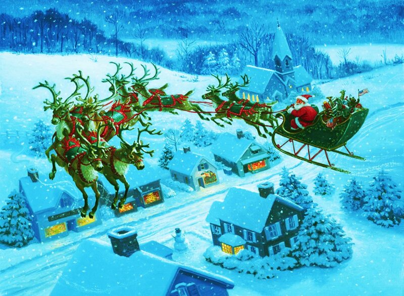 Santa Claus in Sleigh — Blue, Festive, Winter, Illustration, Reindeer, Snowy Village, Church