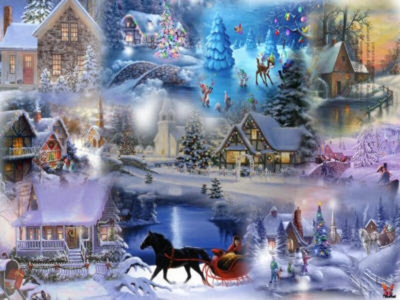 Santa Claus in Sleigh — Blue, Festive, Winter, Illustration, Reindeer, Snowy Village