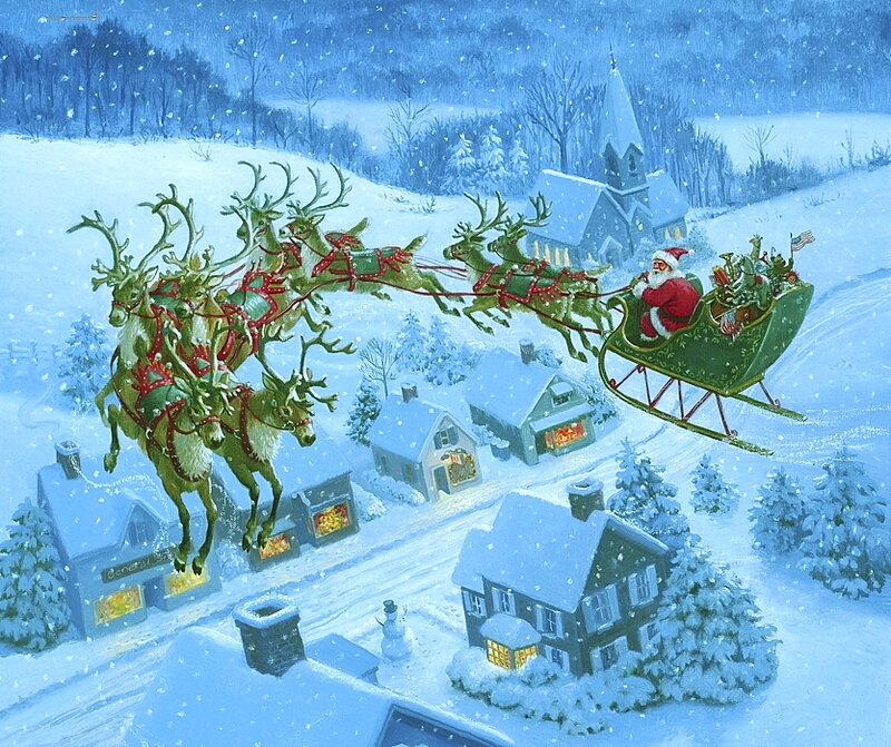 Santa Claus in Sleigh — Blue, Festive, Winter, Painting