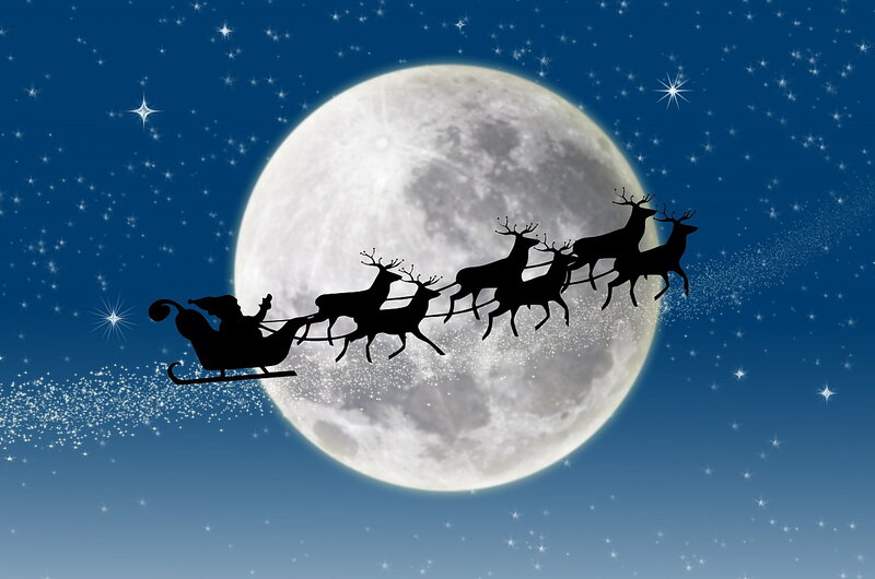 Santa Claus in Sleigh — Blue, Magical, Night, Digital Art, Reindeer, Moon, Stars