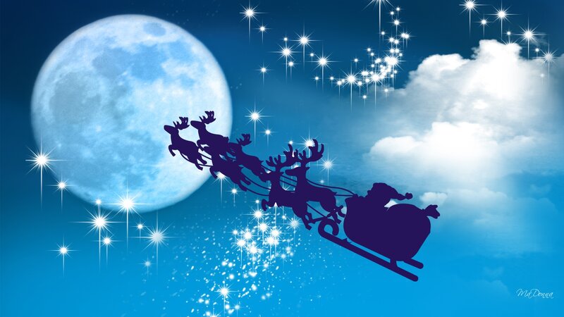 Santa Claus in Sleigh — Blue, Magical, Night, Digital Art, Reindeer