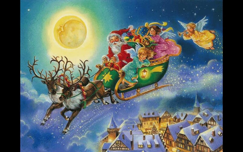 Santa Claus in Sleigh — Blue, Magical, Night, Illustration, Reindeer