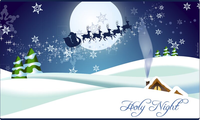 Santa Claus in Sleigh — Blue, Peaceful, Night, Digital Art, Reindeer