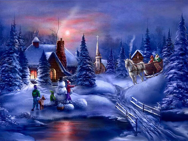Santa Claus in Sleigh — Blue, Peaceful, Night, Digital Art, Snowman