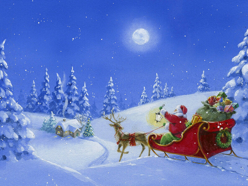 Santa Claus in Sleigh — Blue, Peaceful, Night, Illustration, Reindeer