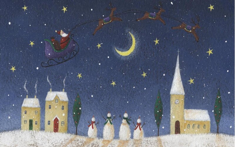 Santa Claus in Sleigh — Blue, Peaceful, Night, Illustration, Snowmen