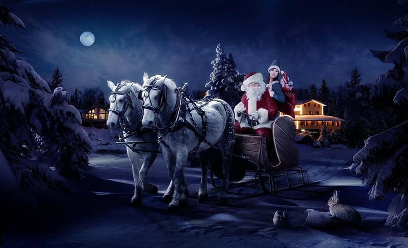 Santa Claus in Sleigh — Blue, Serene, Night, Digital Art, Horses, Rabbit