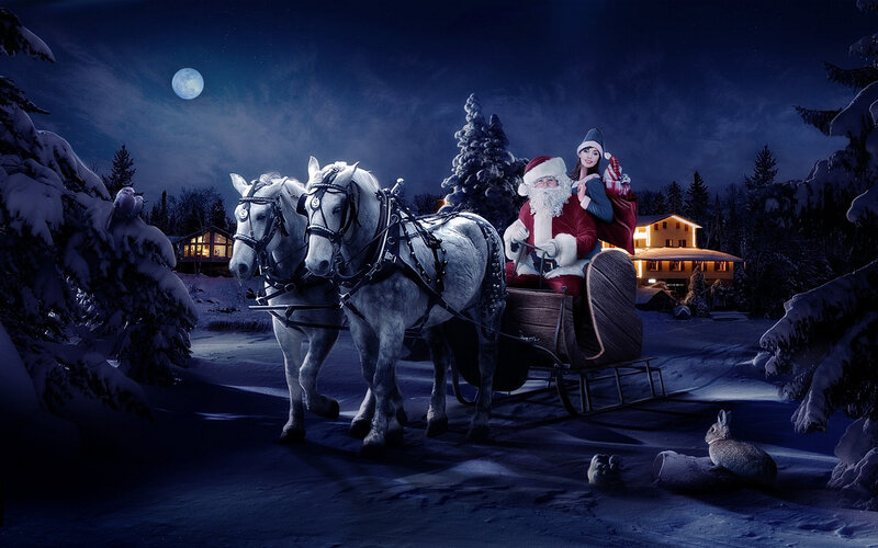 Santa Claus in Sleigh — Blue, Serene, Night, Digital Art, Horses