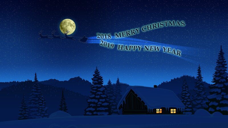 Santa Claus in Sleigh — Blue, Serene, Night, Digital Art, Moon, Cabin