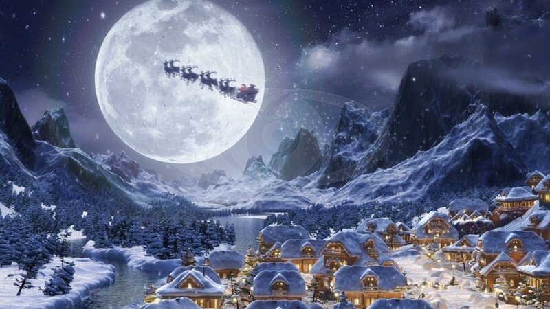Santa Claus in Sleigh — Blue, Serene, Night, Digital Art, Moon