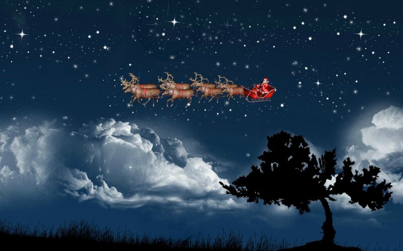 Santa Claus in Sleigh — Blue, Serene, Night, Digital Art, Reindeer, Clouds