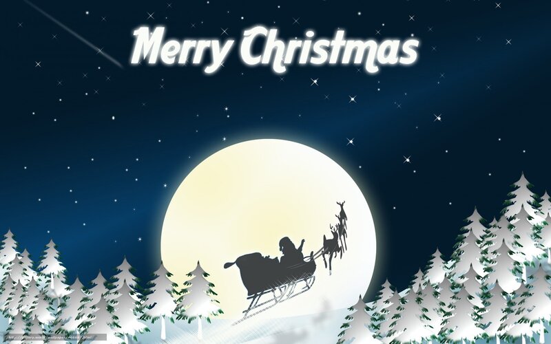 Santa Claus in Sleigh — Blue, Serene, Night, Digital Art, Reindeer, Moon, Trees