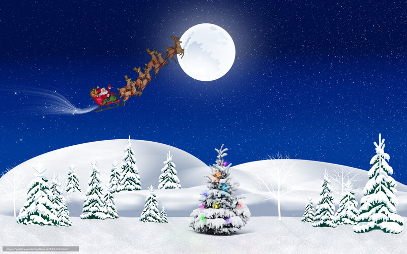 Santa Claus in Sleigh — Blue, Serene, Night, Digital Art, Reindeer, Snowy Trees