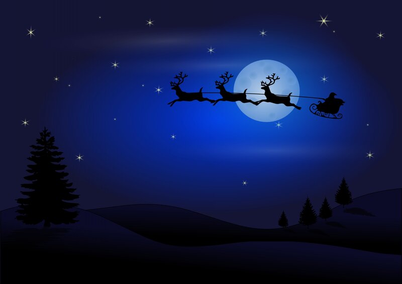 Santa Claus in Sleigh — Blue, Serene, Night, Illustration, Reindeer, Moon, Stars, Trees