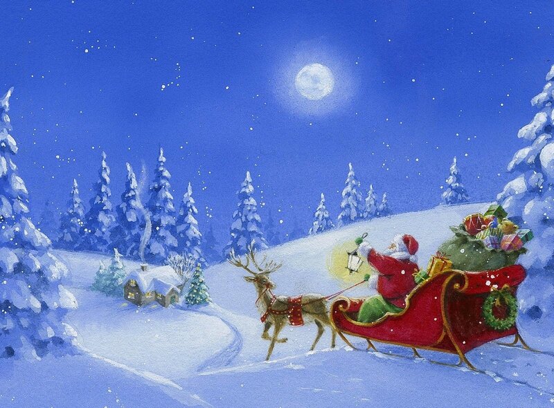 Santa Claus in Sleigh — Blue, Serene, Night, Painting