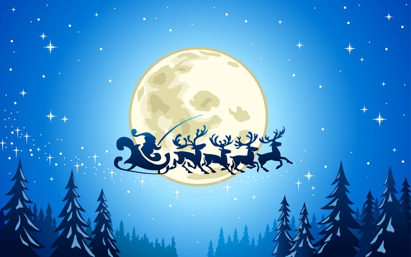 Santa Claus in Sleigh — Blue, Serene, Night, Vector Art, Reindeer, Moon