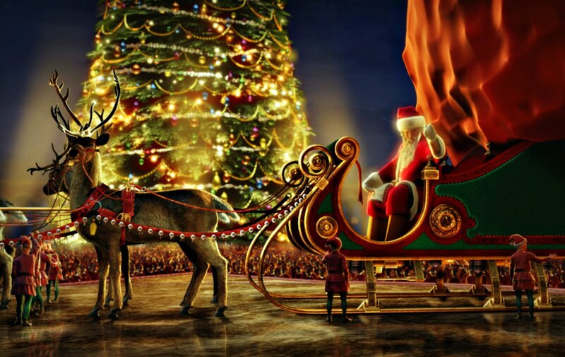Santa Claus in Sleigh — Green, Festive, Night, 3d Render