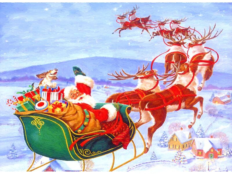 Santa Claus in Sleigh — Green, Festive, Winter, Painting