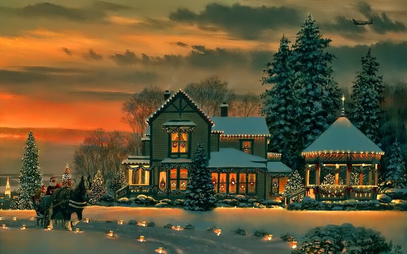 Santa Claus in Sleigh — Orange, Festive, Sunset