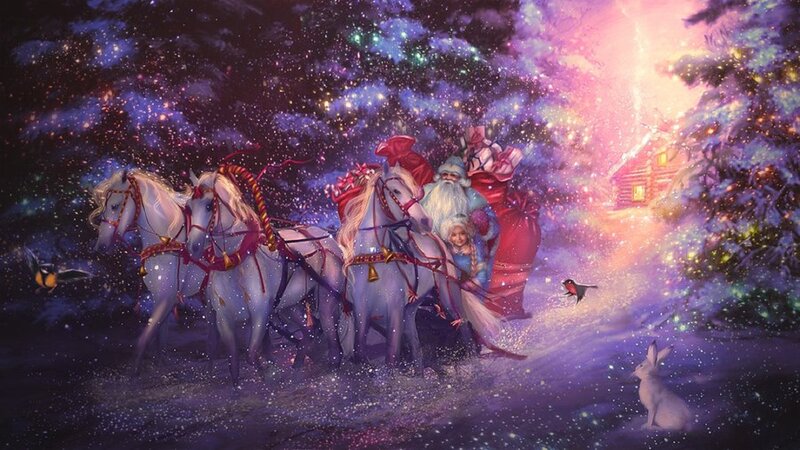 Santa Claus in Sleigh — Purple, Magical, Night, Digital Art