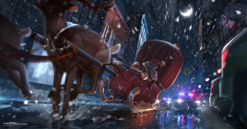 Santa Claus in Sleigh — Red, Dramatic, Night, Digital Art, Reindeer