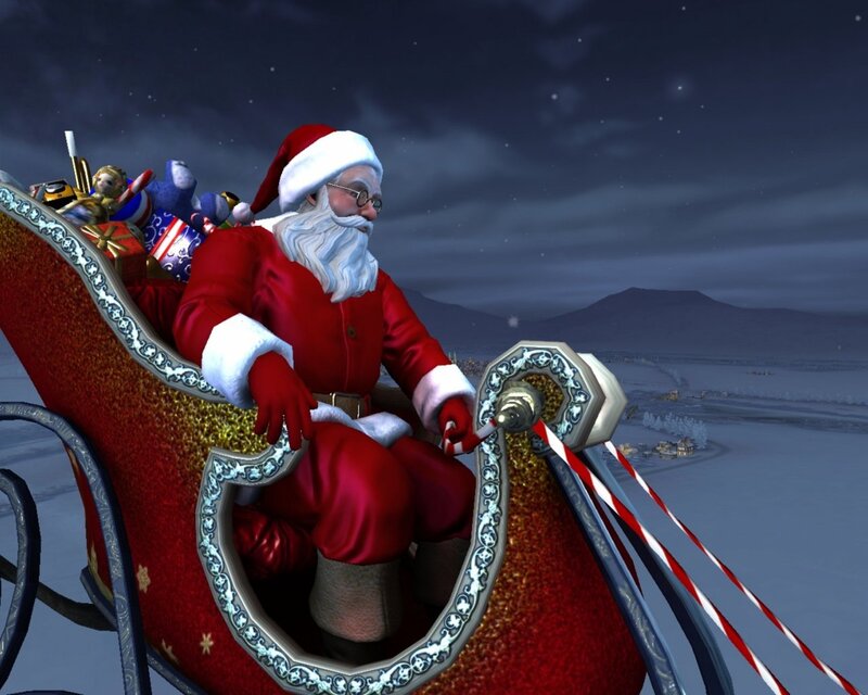 Santa Claus in Sleigh — Red, Festive, Night, 3d Render, Gifts, Mountains