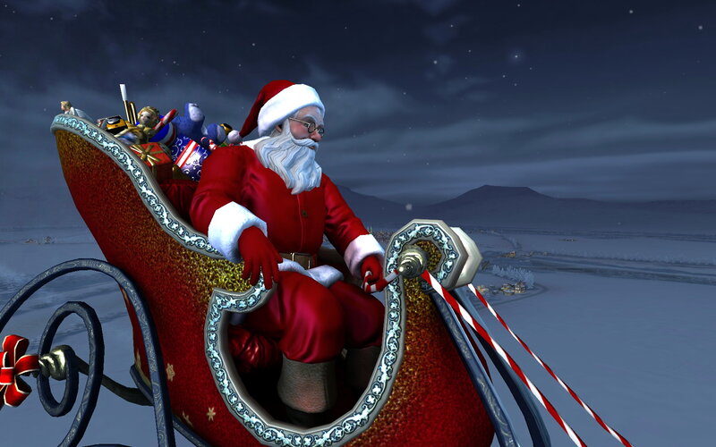 Santa Claus in Sleigh — Red, Festive, Night, 3d Render, Gifts, Snowy Landscape